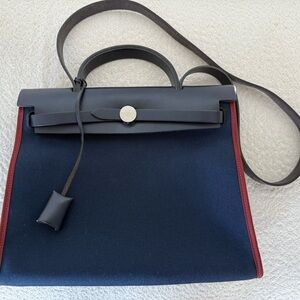 Hermes Dark Blue Shoulder Bag - Herbag Zip Leather and Toile 31